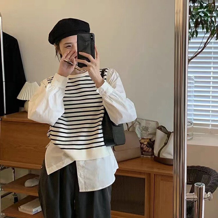 New in autumn! [Xiaofanjia] stitching fake two-piece pullover shirt YS1-7062# LSW