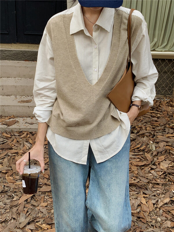 New in autumn! [Rina] Korean style stitching fake two-piece all-match shirt 323X137# ZXX