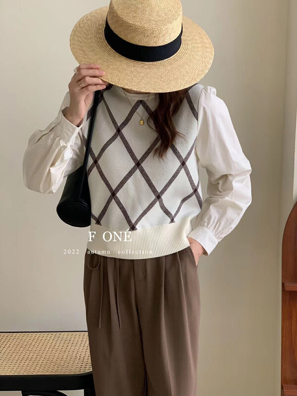 New in autumn!【F ONE】Retro rhombus plaid round neck knitted sweater 26123# WPL