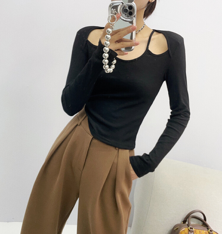 Autumn is new! [Xixi] Korean version of the lady's collarbone long-sleeved T-shirt 5117# OZQ