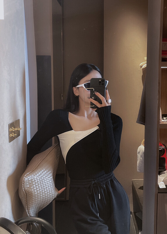 [Xixi] Temperament Colorblock Design Slim Knit Sweater 7831# OZQ