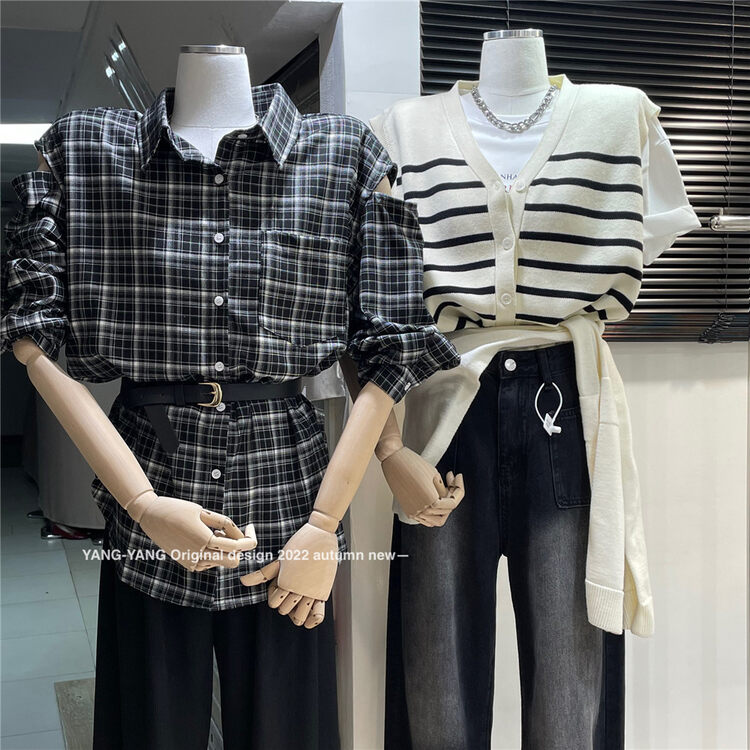 New in autumn! [YANG-YANG] Korean style retro plaid off-the-shoulder shirt (with belt) C5152# CLS