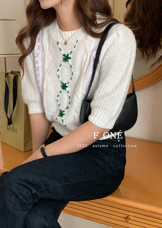 【F ONE】Vintage Embroidered Twist Short Sleeve Knit Sweater 23479# WPL