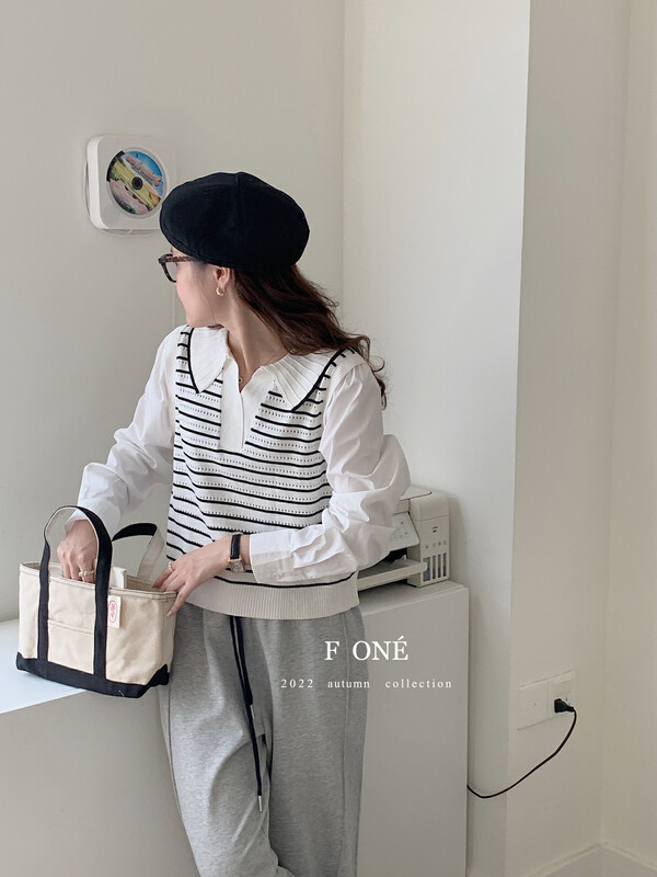 New in autumn! [F ONE] Korean age-reducing college style striped stitching sweater 26052# WPL