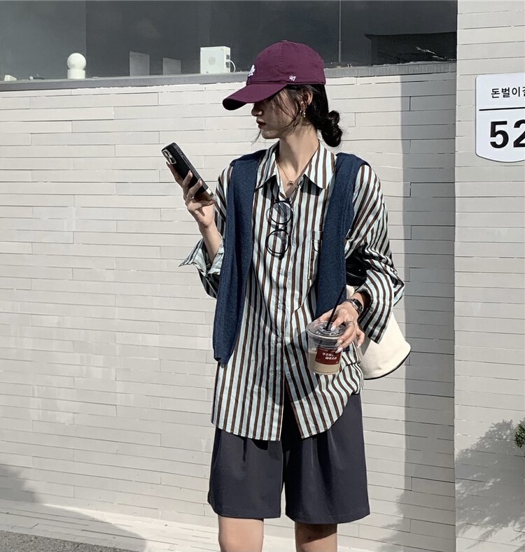 New in early autumn! [Rina] striped loose and simple comfortable shirt (only selling shirts) 223A054# ZXX
