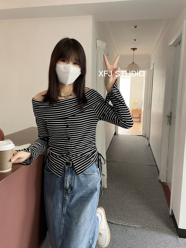 New in early autumn! [Xiaofanjia] Korean Slim Fit Striped Drawstring Shirt 513# LSW