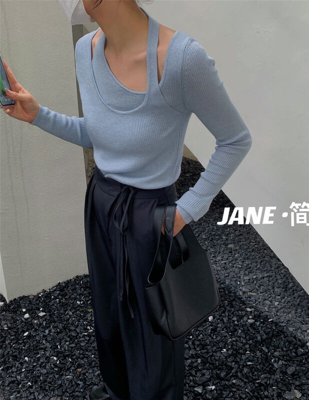 New autumn models! [JANE Jianyi] fake two-piece halter neck all-match knitted sweater 5219# ZXX