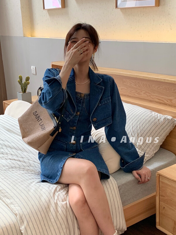 New in early autumn! [LINA] New slim-fit washed denim suspender skirt + short Korean style all-match short jacket suit 0022-1# HJY