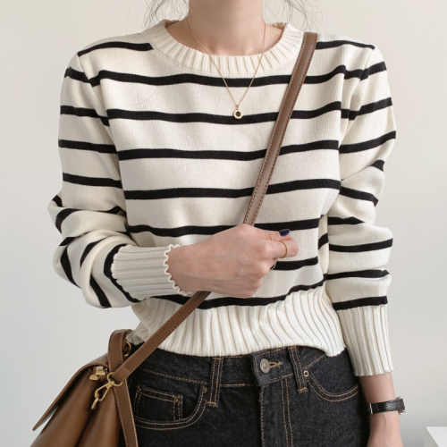 Korean chic autumn retro simple round neck hit color striped jacquard loose all-match long-sleeved pullover sweater women