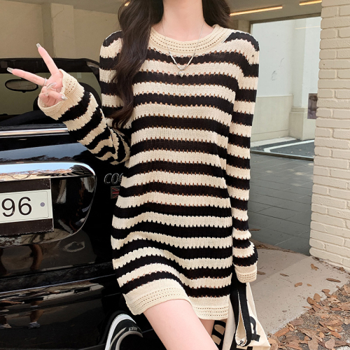 Real shot autumn Korean version loose striped knitted sweater outer wear inner bottoming shirt mid-length thin section long-sleeved T-shirt women