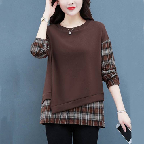 Large size women's new autumn and winter plaid stitching fake two-piece shirts women cover the belly and show thin bottoming tops