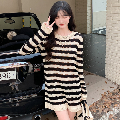 Real shot autumn Korean version loose striped knitted sweater outer wear inner bottoming shirt mid-length thin section long-sleeved T-shirt women