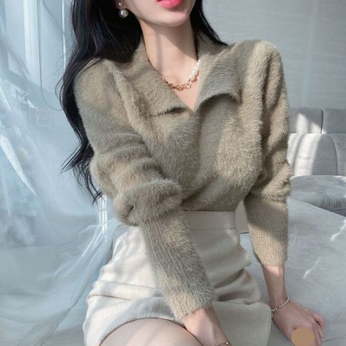 2022 soft waxy mink fleece sweater women's autumn and winter bf solid color all-match western style long-sleeved POLO lapel knitted sweater top