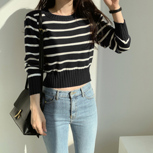 Korean chic autumn retro simple round neck hit color striped jacquard loose all-match long-sleeved pullover sweater women