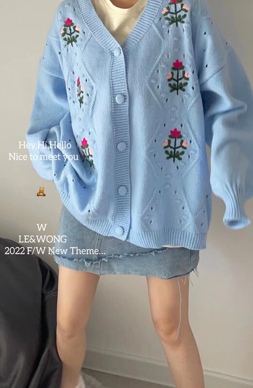 【LE&WONG】Sweet girl age-reducing floral embroidery all-match knitted cardigan sweater cardigan 8303