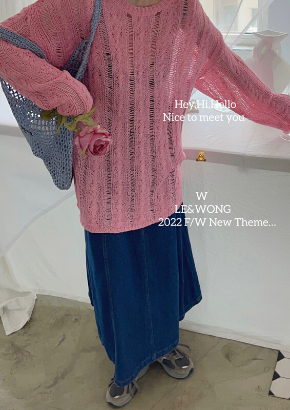 [LE&WONG] Autumn style new simple hole craft solid color twist sweater thin knitted top 7010