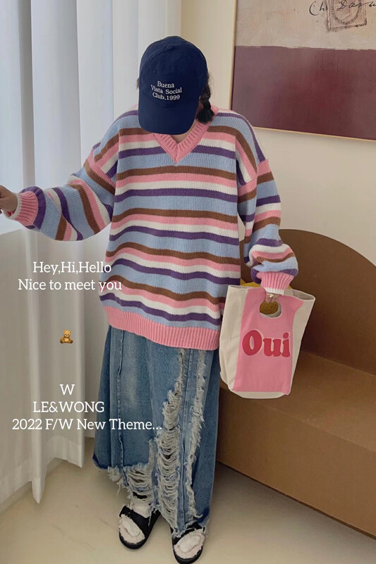 【LE&WONG】Vintage Classic Stripe Contrast Color V-Neck Warm Sweater (Pullover Sweater) 8330-1# FHX