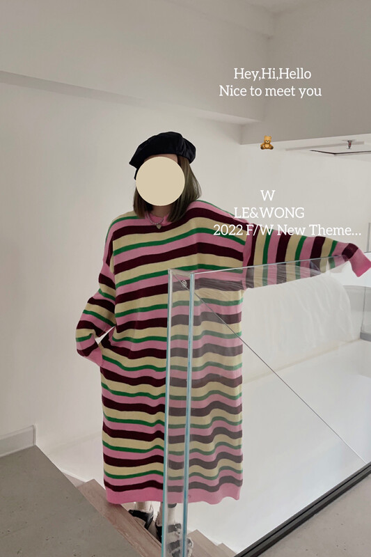 【LE&WONG】Classic Contrast Color Stripe Korean Blogger Style Dress Long Sweater Dress 7050