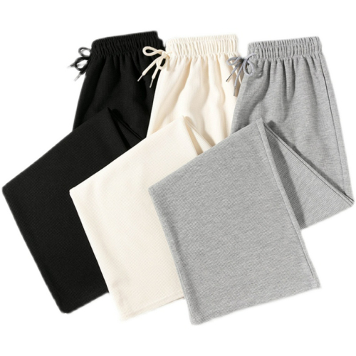 Comfortable and breathable waffle cotton pants  autumn and winter high waist straight tube thin all-match wide-leg drape casual trousers