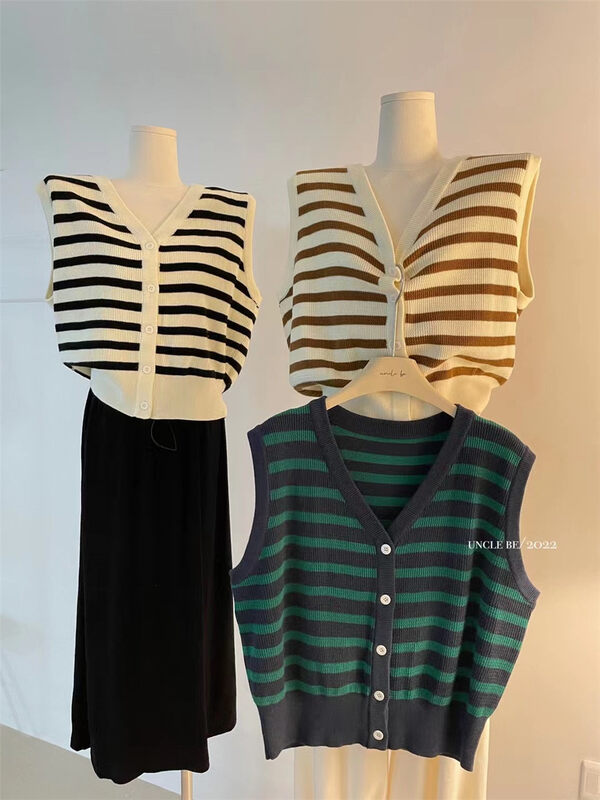 New in early autumn!【UNCLE BE】V-neck single-breasted striped comfortable vest MY8009# L