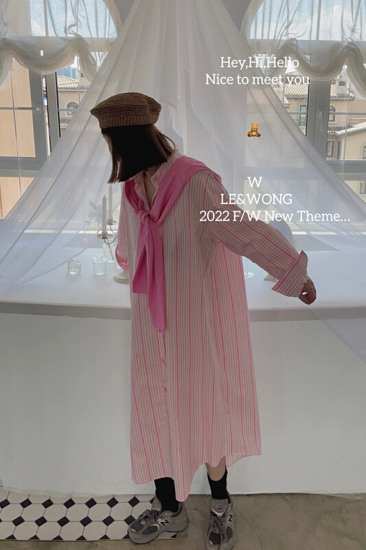 【LE&WONG】Simple Classic Striped Long Shirt Dress (with Detachable Shawl) Shawl Detachable 1810