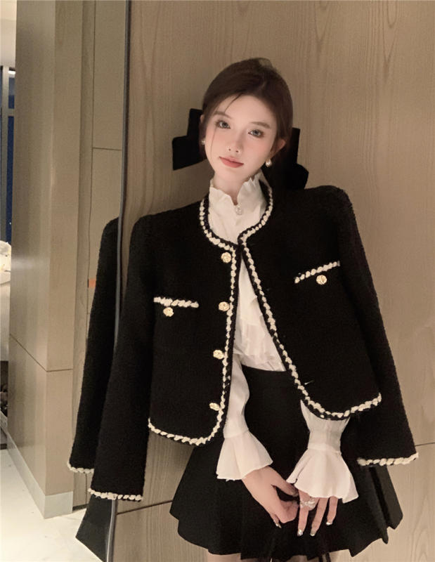 Real shot autumn French style small fragrance coat short woven retro temperament ladies tweed with shoulder pad top women