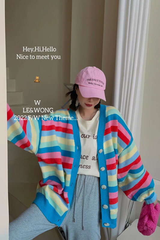 【LE&WONG】College age-reducing hit color retro classic knitted cardigan striped sweater cardigan 7027