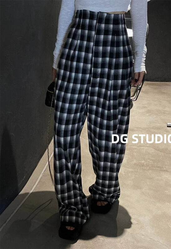New in autumn! [DG] Retro high-waisted plaid mopping casual pants 8302# XJ