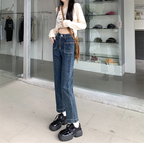 Real shot jeans autumn women's new elastic high-waisted straight-leg trousers design feeling small and thin nine-point pants trend