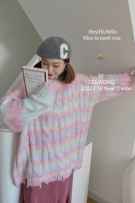 【LE&WONG】Designer's recommended edging element gradient sweater loose pullover sweater 8312