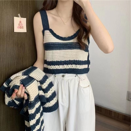 Striped knitted cardigan women's design sense niche pure lust hot girl short top early spring chic suspender two-piece set