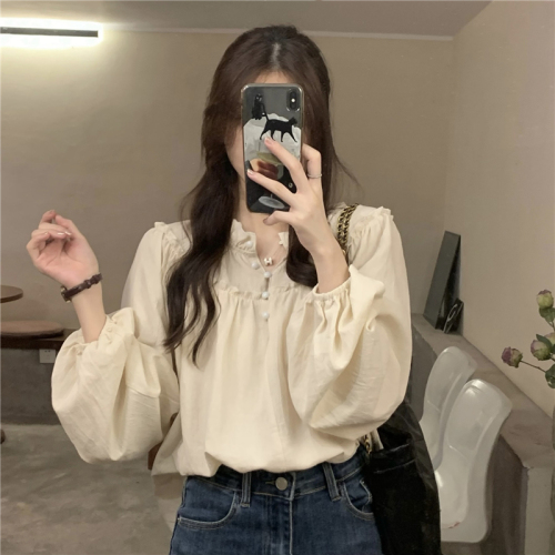 Real price puff sleeve chic fungus long-sleeved shirt women's French retro niche design top