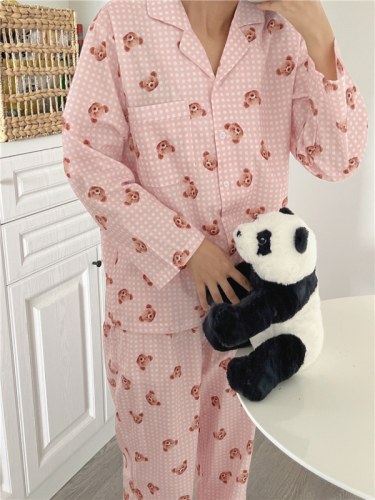 Real shot spot ~ Korean cartoon fresh and cute plaid bear pajamas suit long-sleeved cotton girl autumn and winter