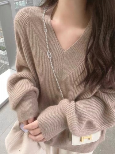 V-neck sweater women's autumn and winter thickening lazy style loose inner bottoming knitted sweater raccoon velvet blended pullover top