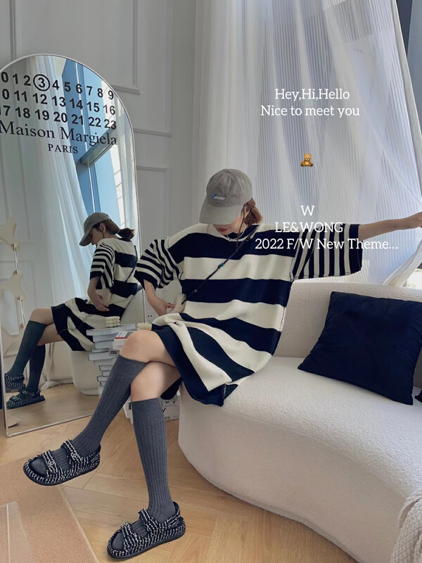 【LE&WONG】Designer recommends classic retro striped layered dress three-quarter sleeve sweater dress 8318-1