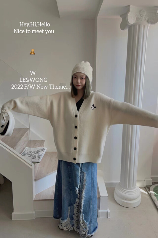 【LE&WONG】Disney Childlike Embroidery Age-reducing College Style Knit Cardigan Sweater Cardigan 7051