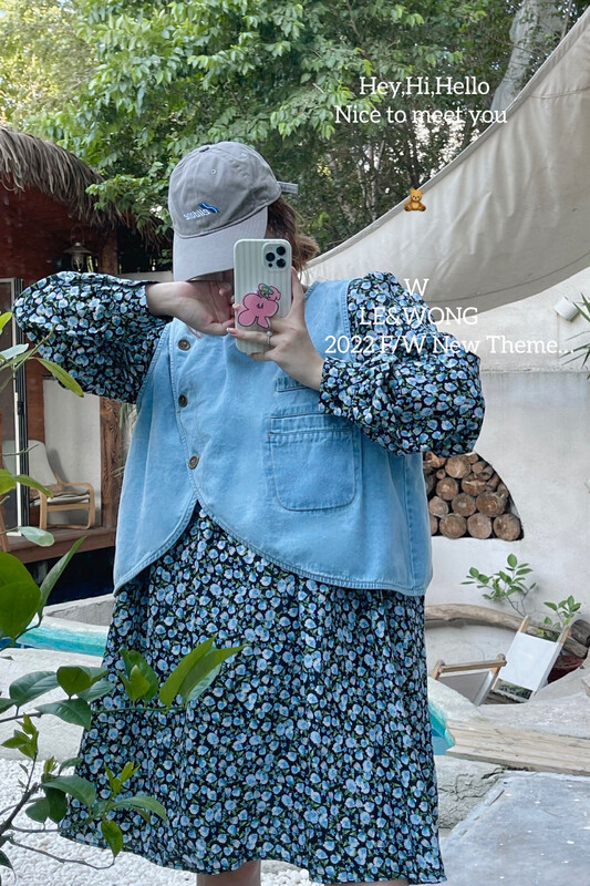 【LE&WONG】Small fresh floral dress denim vest suit (two-piece suit) 1850-1# FHX