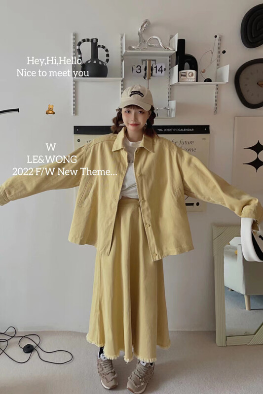 【LE&WONG】Korean style simple solid color loose denim suit jacket elastic waist skirt suit 1863