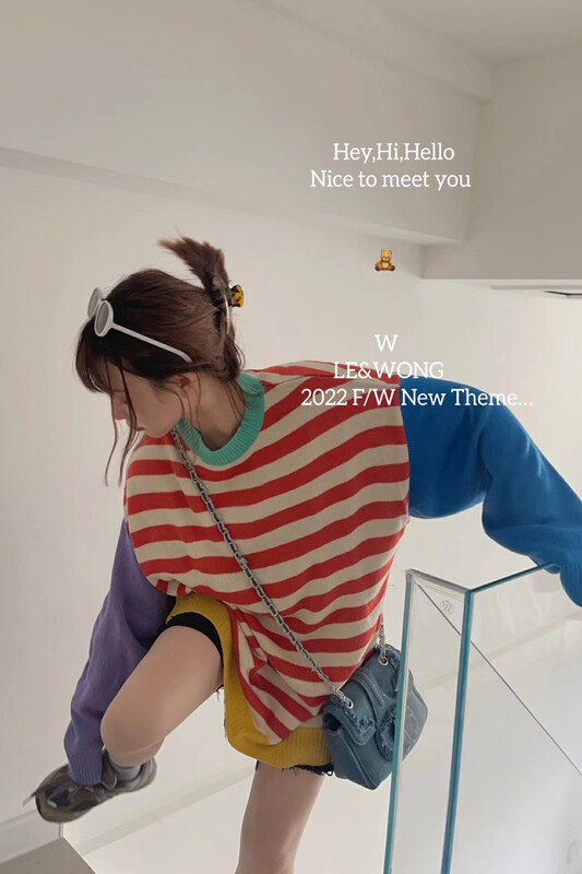 【LE&WONG】Classic Retro Striped Contrast Color Candy Color Sweater Age-Reducing Pullover Sweater 7018