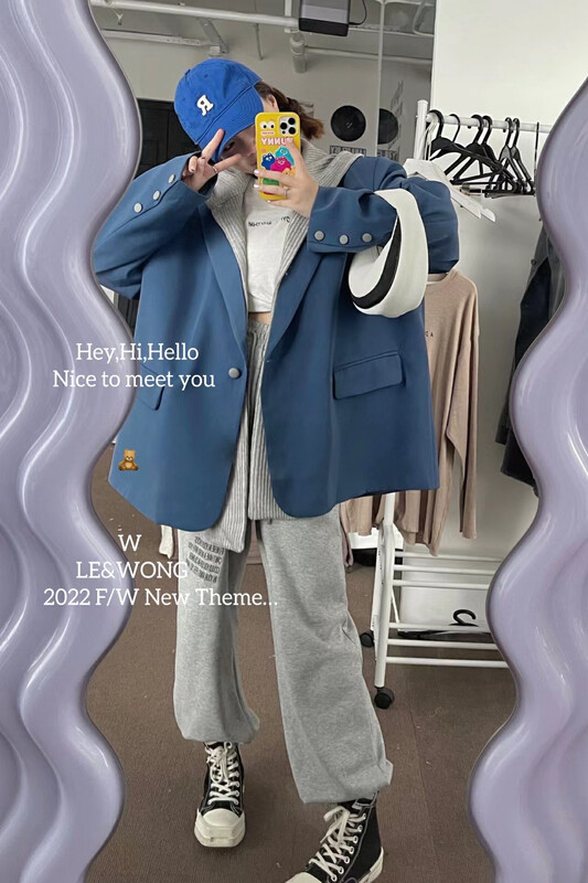 [LE&WONG] Korean school girl age-reducing college style shoulder pad suit jacket set (with detachable shawl hat) shawl hat detachable 2003-1