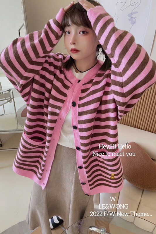 【LE&WONG】Classic stripe contrast color loose all-match knitted cardigan sweater cardigan 7036