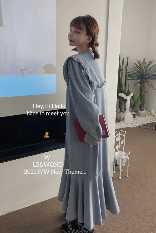 【LE&WONG】Korean school girl sweet age-reducing lapel doll collar dress denim dress 1920