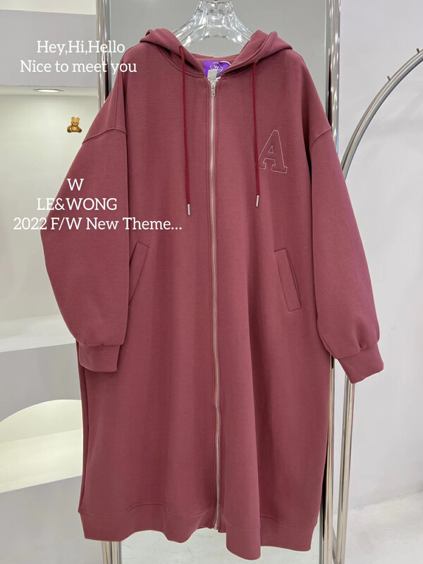 【LE&WONG】Simple and versatile loose embroidered letter knitted cardigan long hooded jacket 2007
