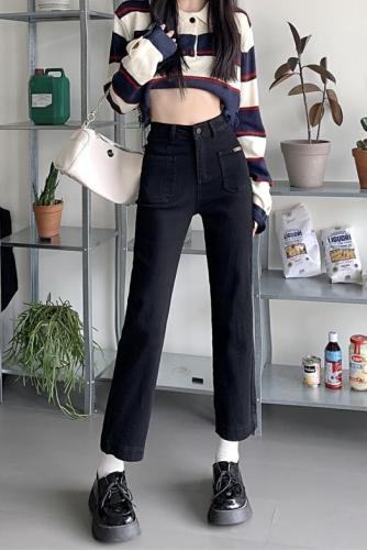 Real shot jeans autumn women's new elastic high-waisted straight-leg trousers design feeling small and thin nine-point pants trend