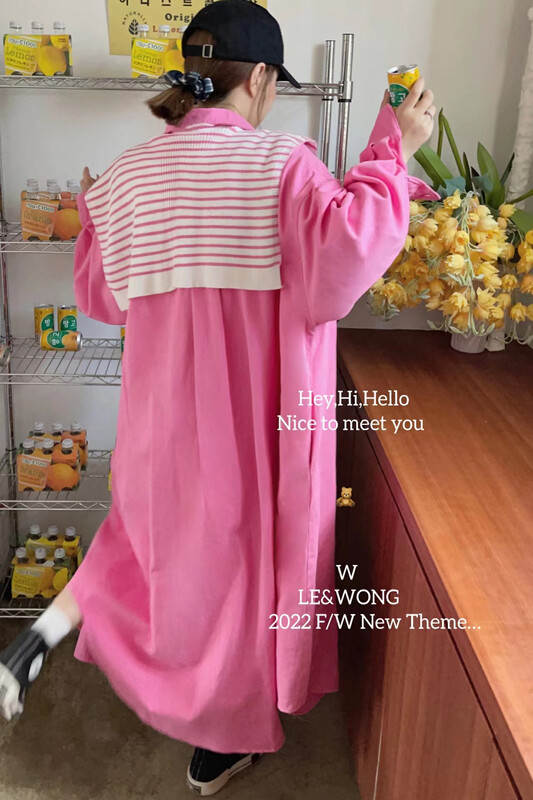 【LE&WONG】Solid color net candy color long shirt coat dress (with detachable shawl) (striped shawl two-piece denim outer) 1841# FHX