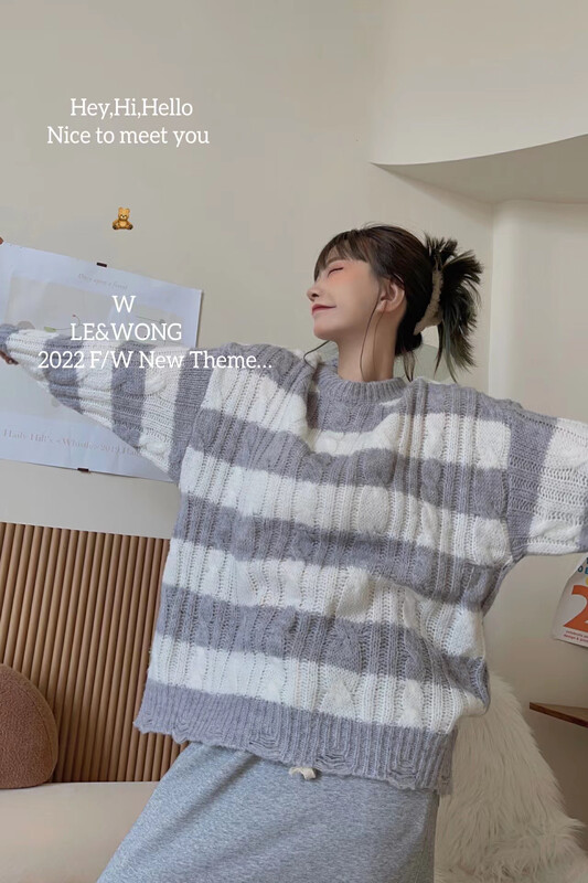 【LE&WONG】Worn Craft Design Classic Contrast Color Sweater Striped Pullover 7031