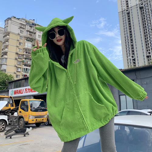 Waffle hooded sweater autumn Korean version  new design cute age-reducing long-sleeved jacket women