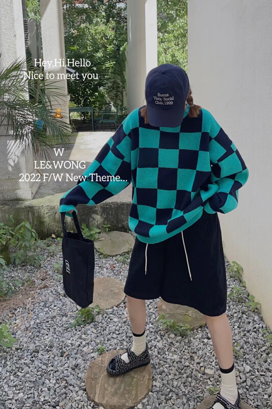 【LE&WONG】American Checkerboard Contrast Color Loose Warm Sweater (Pullover Sweater) 8317-1# FHX