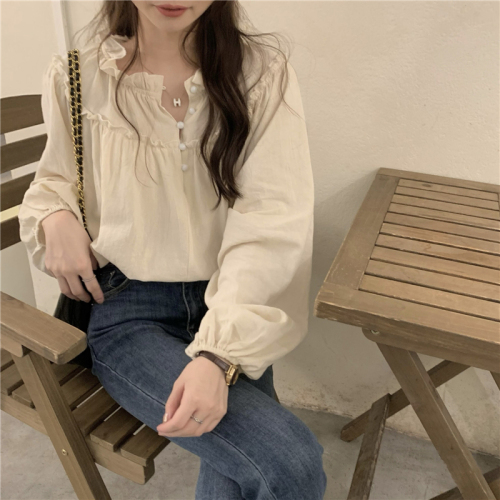 Real price puff sleeve chic fungus long-sleeved shirt women's French retro niche design top