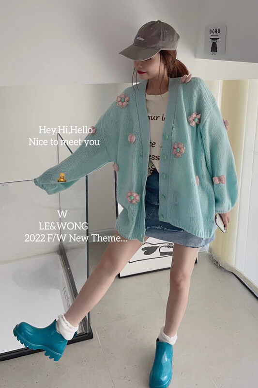 【LE&WONG】Sweet age-reducing handmade flower three-dimensional all-match knitted cardigan (sweater cardigan) 7016# FHX